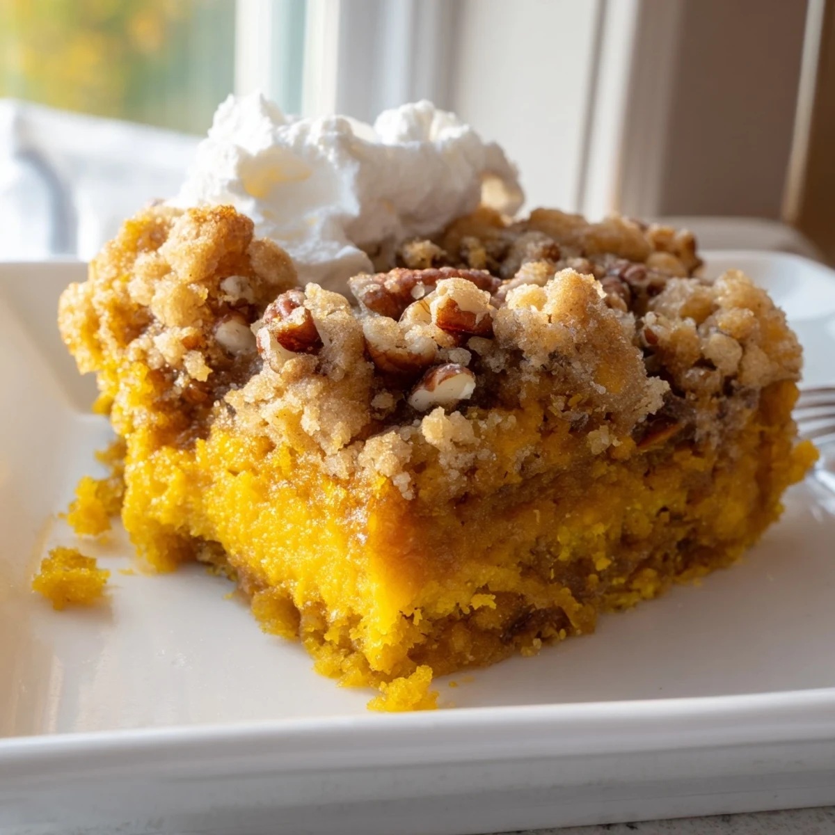 Creamy spiced pumpkin dump cake scoop topped with a dollop of whipped cream