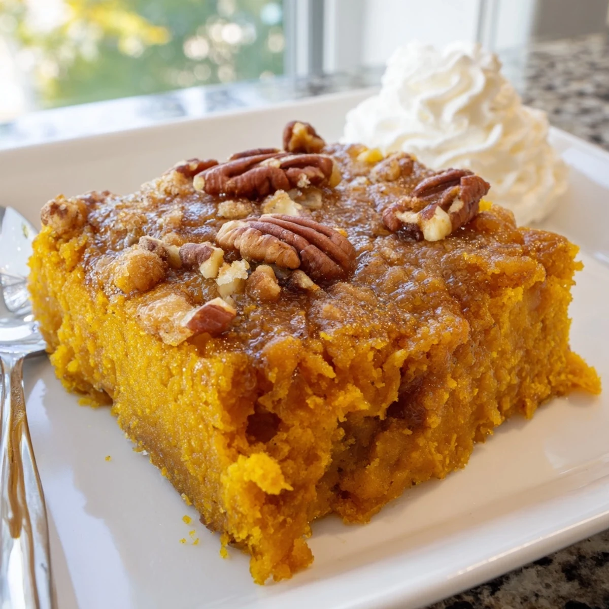 Golden pumpkin dump cake with buttery pecan topping fresh from the oven