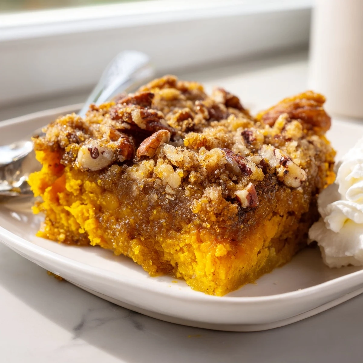 Warm pumpkin dump cake slice on a plate with melting vanilla ice cream