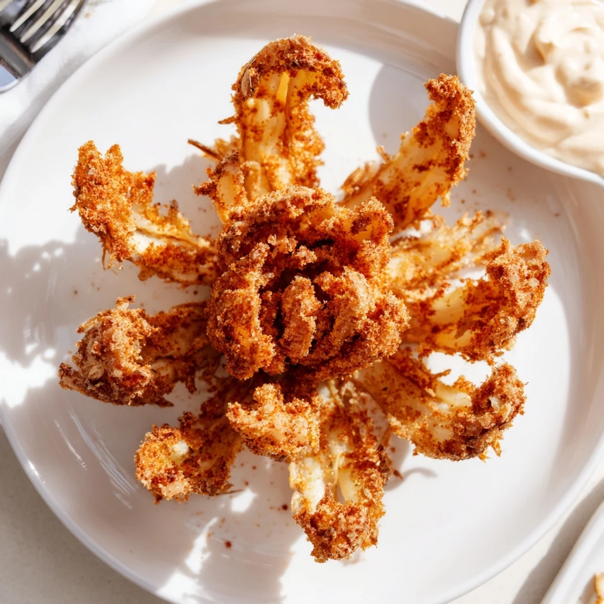 Golden crispy mini bloomin onions served with creamy horseradish dipping sauce on a platter.