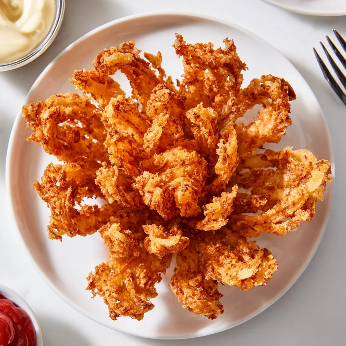 Deep-fried mini bloomin onions with crunchy paprika-spiced petals arranged on a wire rack.