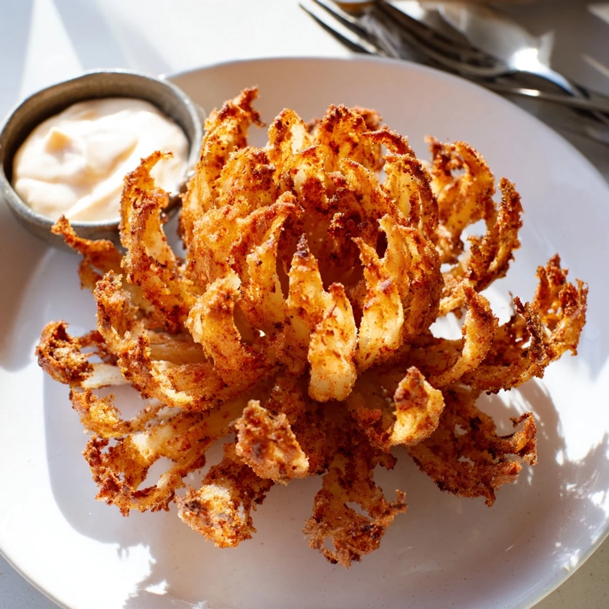 Six golden-brown mini bloomin onions beside a bowl of spicy comeback dipping sauce.