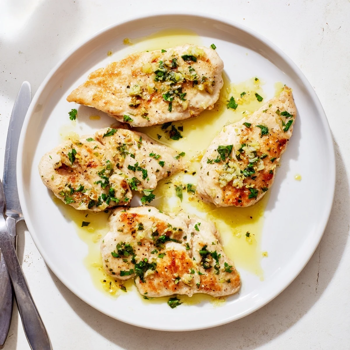 Golden lemon garlic butter chicken drizzled with glossy pan sauce over a warm plate