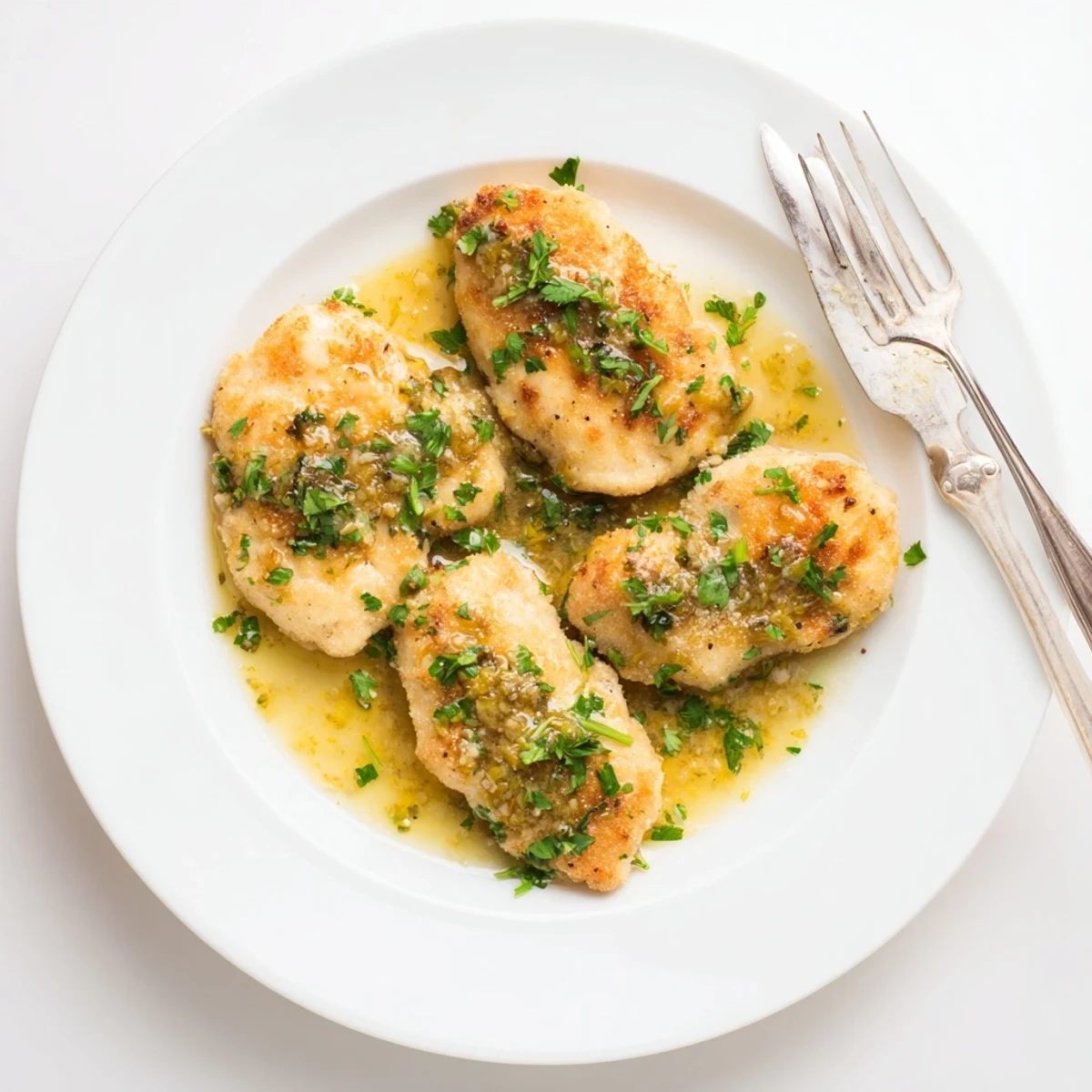 Tender skillet-seared lemon garlic butter chicken garnished with fresh parsley and lemon zest