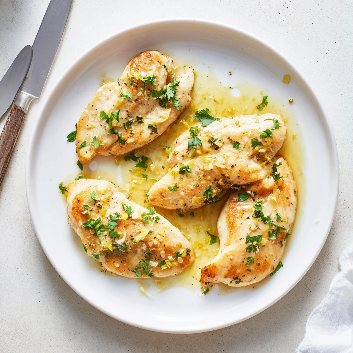 Sliced lemon garlic butter chicken resting in a creamy lemon sauce beside roasted potatoes