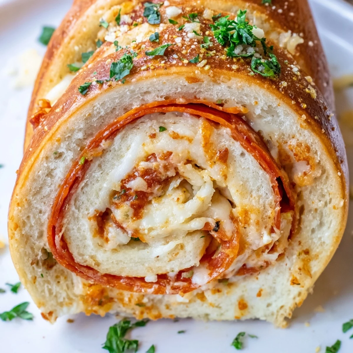 Golden pepperoni pizza roll breadsticks fresh from the oven with bubbling mozzarella