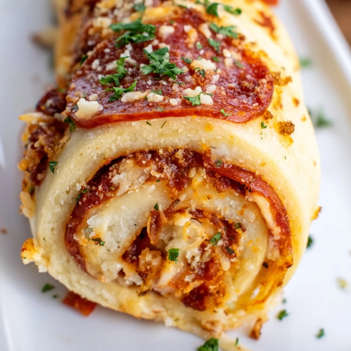 Gooey pepperoni pizza roll breadsticks brushed with garlic butter and garnished with parsley