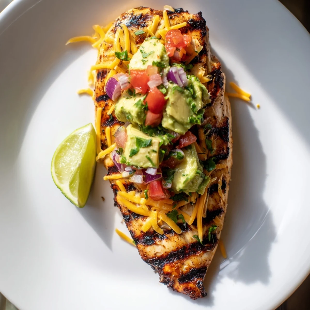 Sizzling fiesta lime chicken with juicy avocado salsa on a white plate