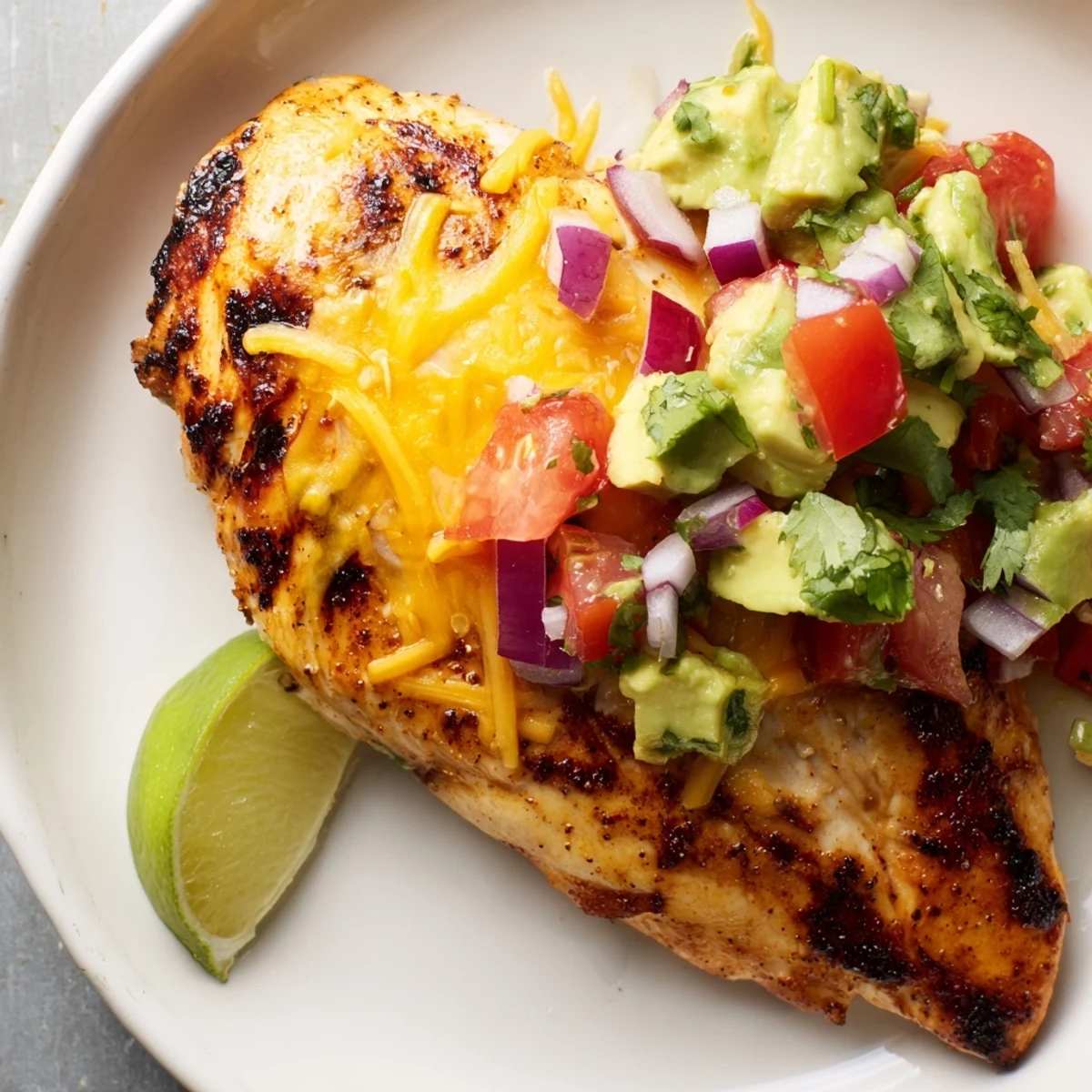 Fiesta lime chicken served with diced avocado, lime wedges, and melted cheese