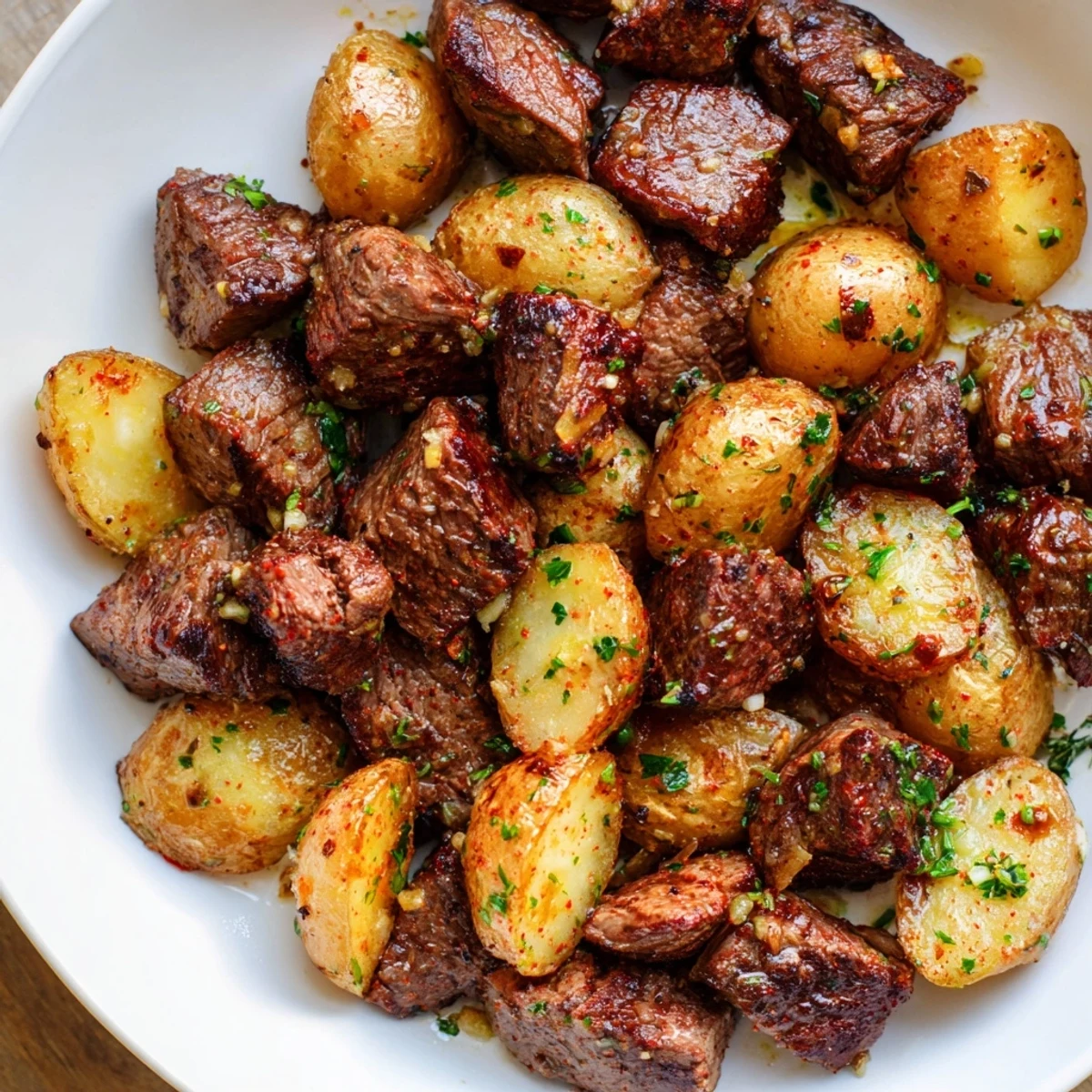Skillet of Garlic Steak Bites and Potatoes Recipe steaming in garlic butter