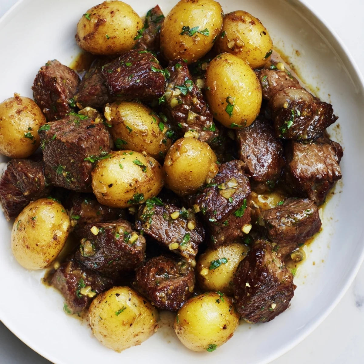 Seared Garlic Steak Bites and Potatoes Recipe finished with lemon, grated Parmesan