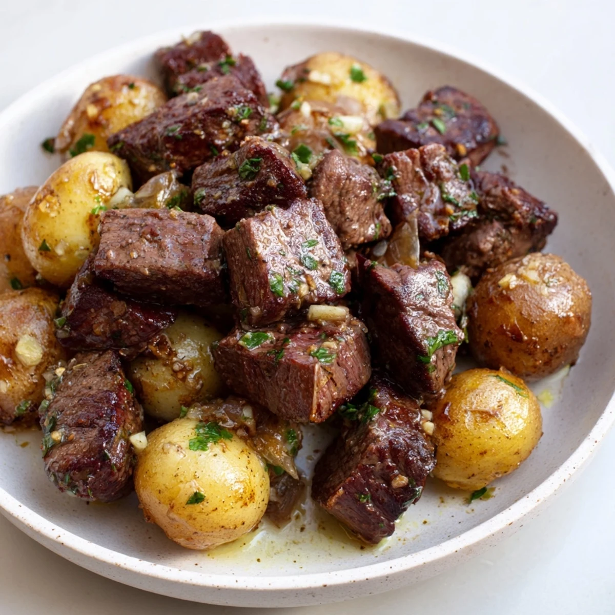 Close-up of Garlic Steak Bites and Potatoes Recipe showing tender steak, golden potatoes