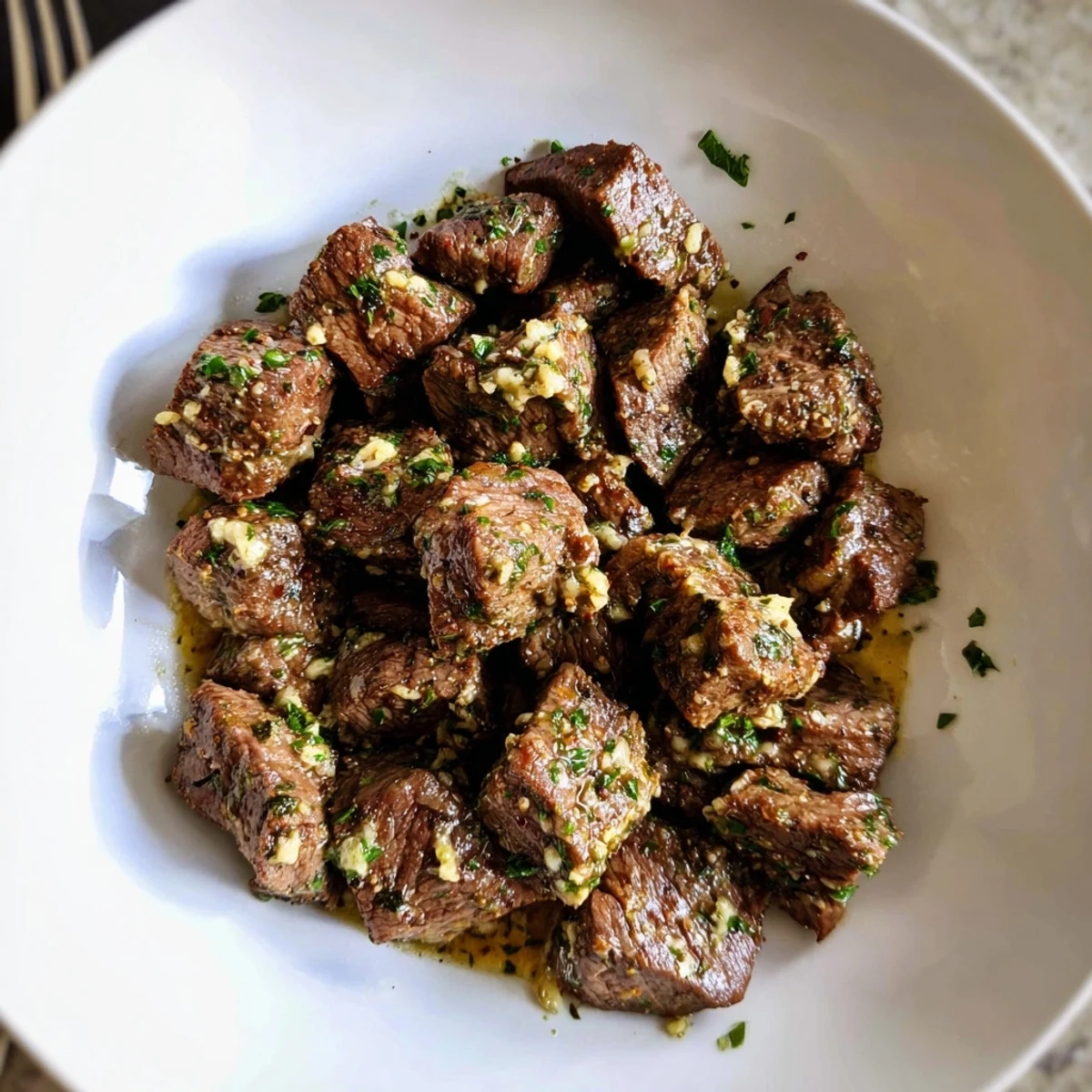 Cowboy Butter Steak Bites sizzling in skillet with garlic-herb butter coating