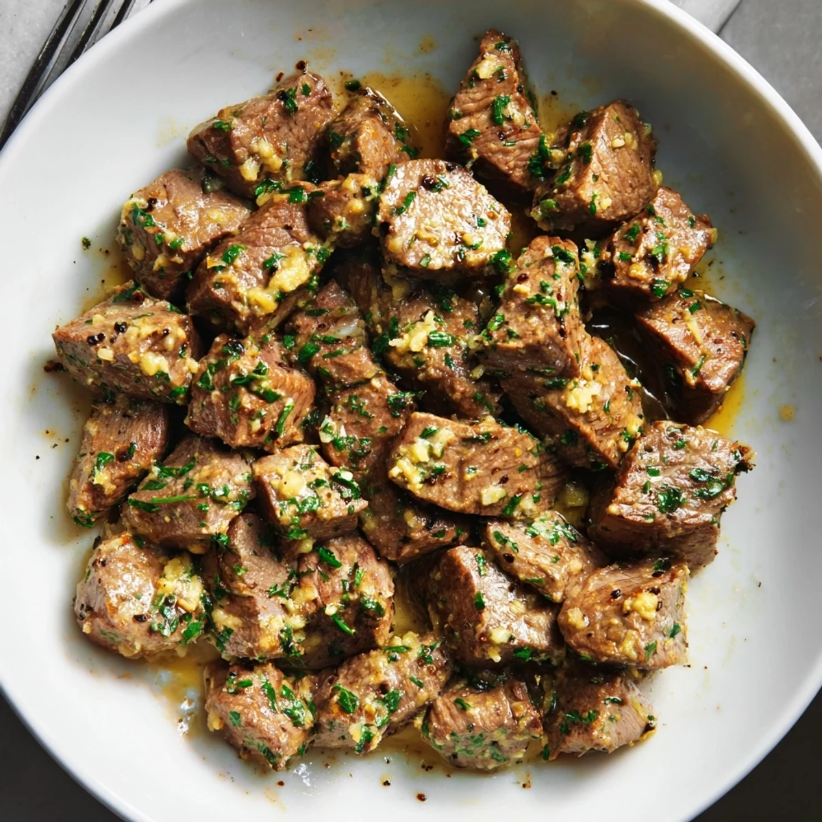 Plate of Cowboy Butter Steak Bites garnished with fresh parsley, buttery aroma