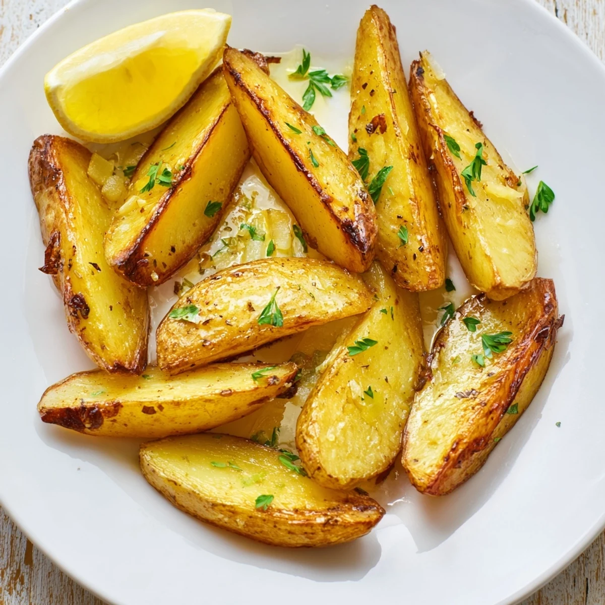 Oven-roasted Authentic Greek Lemon Potatoes Recipe, tender inside, herb-scented, steaming on plate