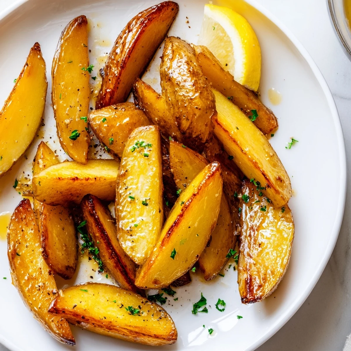 Golden, crispy wedges from the Authentic Greek Lemon Potatoes Recipe, bright lemon garnish