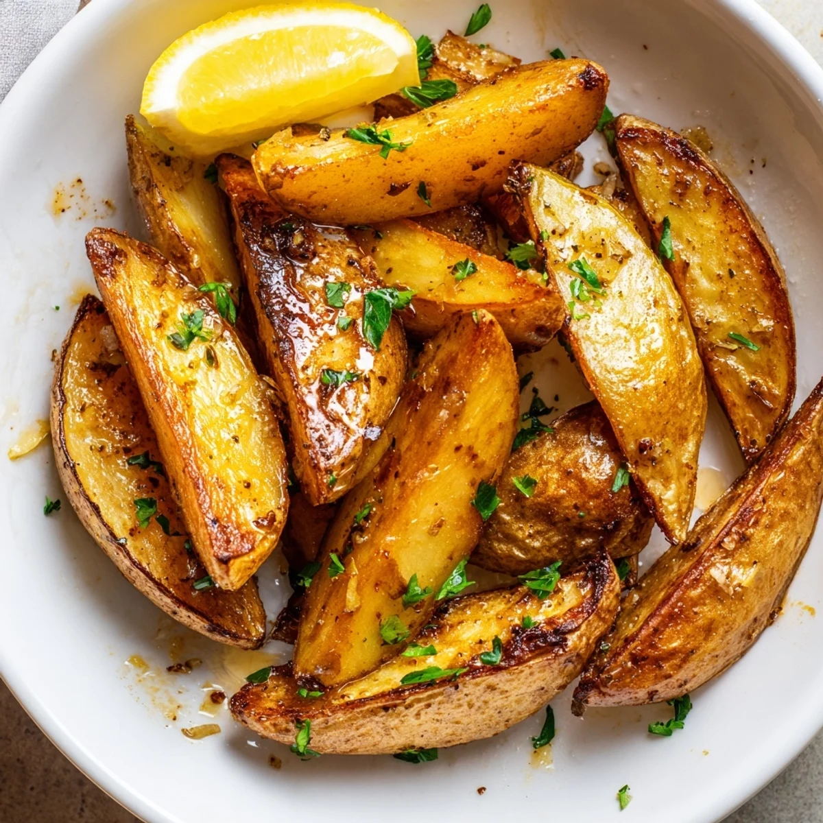 Close-up of pan showing Authentic Greek Lemon Potatoes Recipe, golden edges and garlic