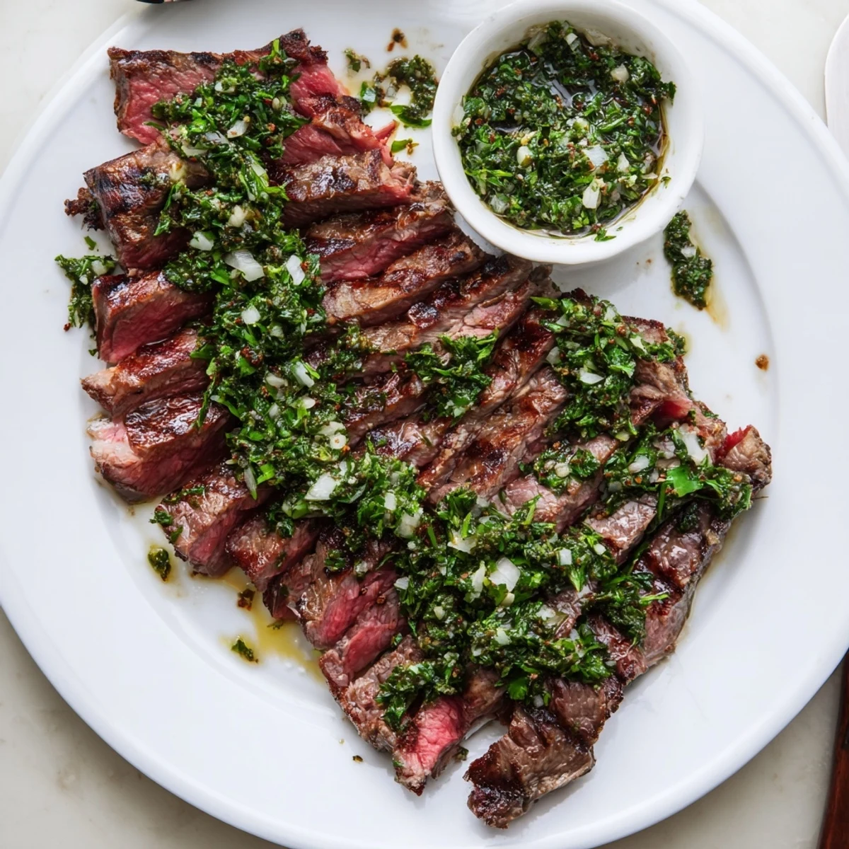 Sliced medium-rare ribeye topped with Chimichurri Steak Recipe's bright parsley garlic drizzle.