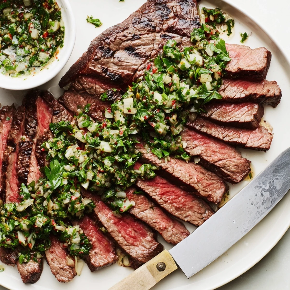 Grill marks, fragrant garlic and parsley finish each bite in Chimichurri Steak Recipe.
