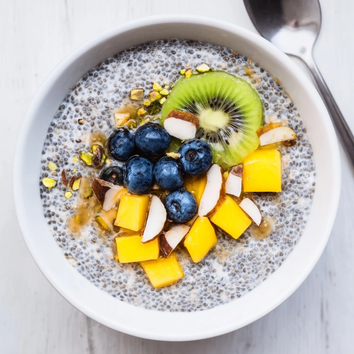 Creamy Coconut Chia Pudding topped with mango and toasted coconut flakes