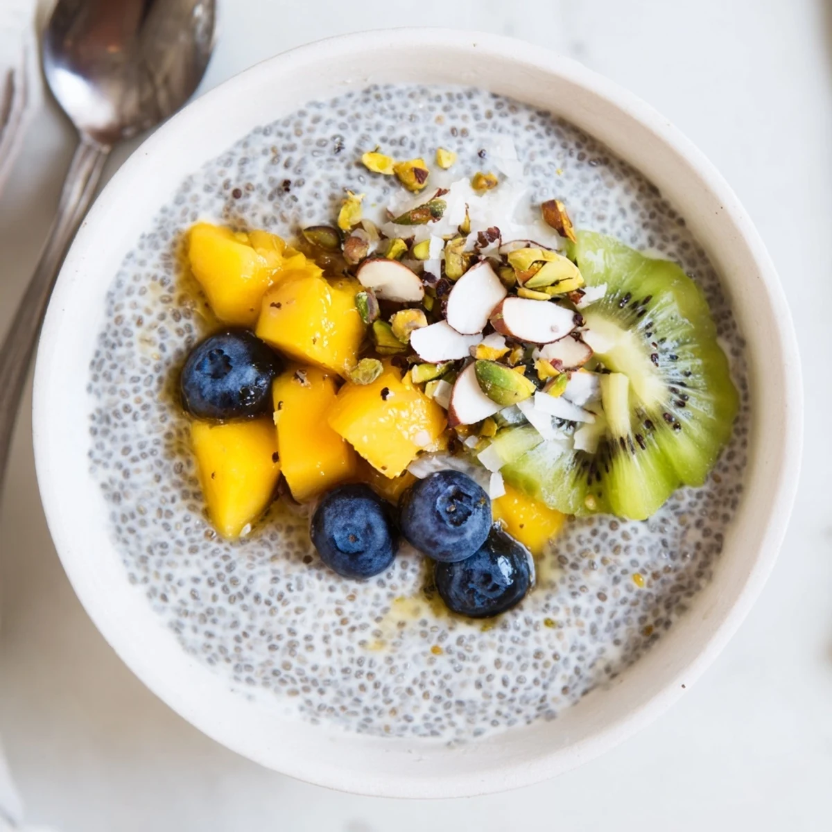 Silky vegan Coconut Chia Pudding garnished with kiwi, almonds, and maple syrup