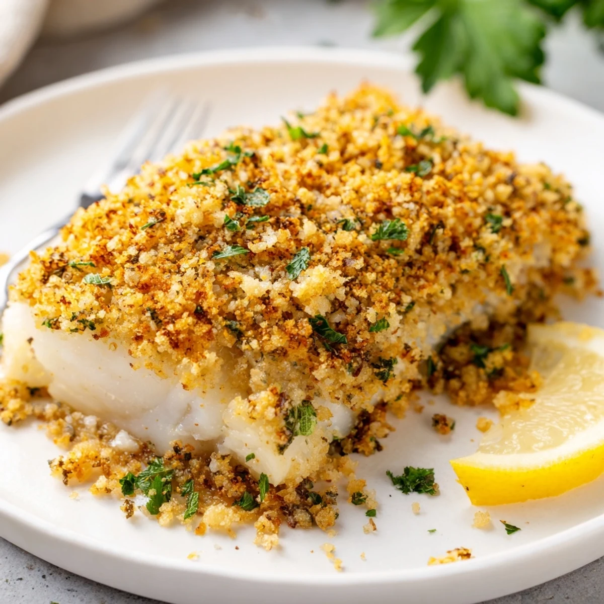 Boston Baked Cod with golden breadcrumb crust, lemon wedges, flaky interior