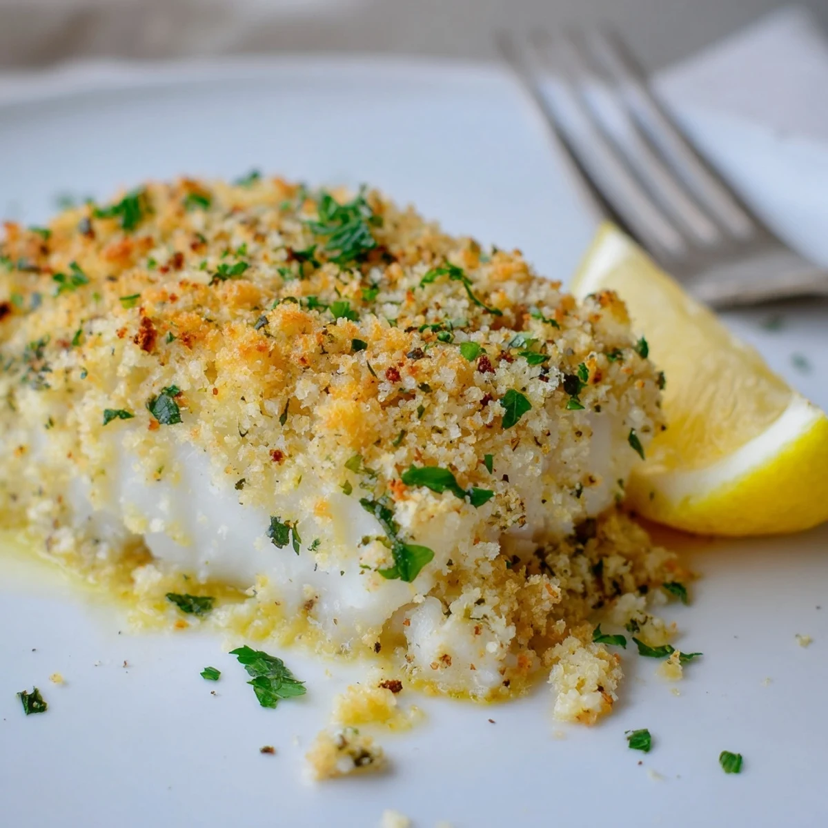 Warm Boston Baked Cod served on white plate with roasted potatoes