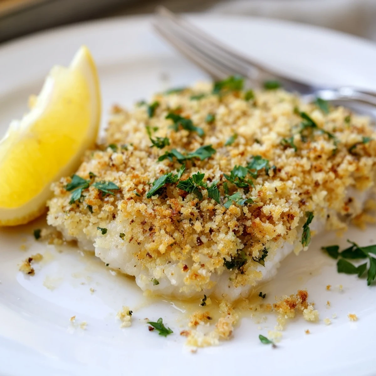 Oven browned Boston Baked Cod releasing buttery lemon aroma, parsley garnish