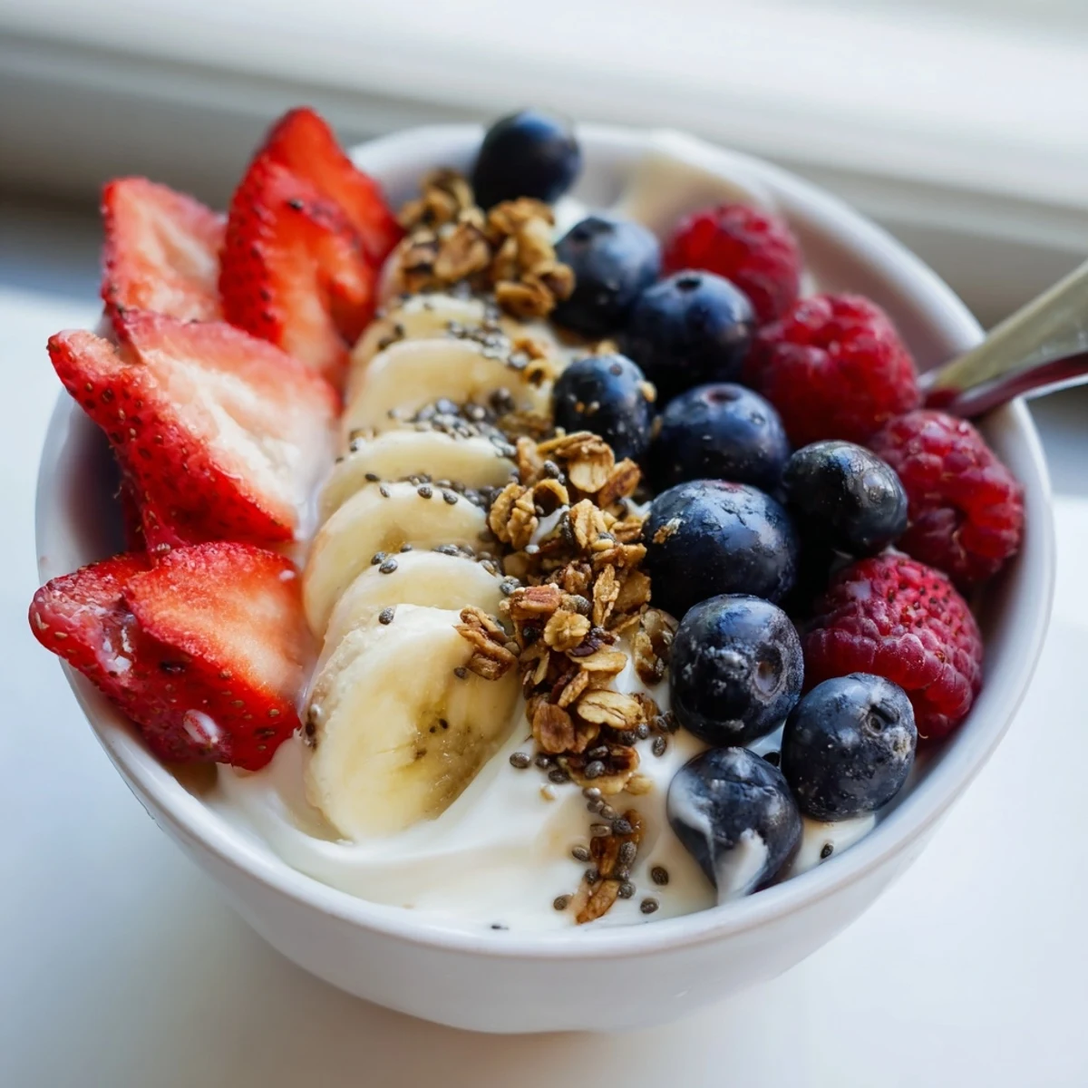 Cottage Cheese Breakfast Bowl with creamy curds, fresh berries, crunchy granola, honey drizzle