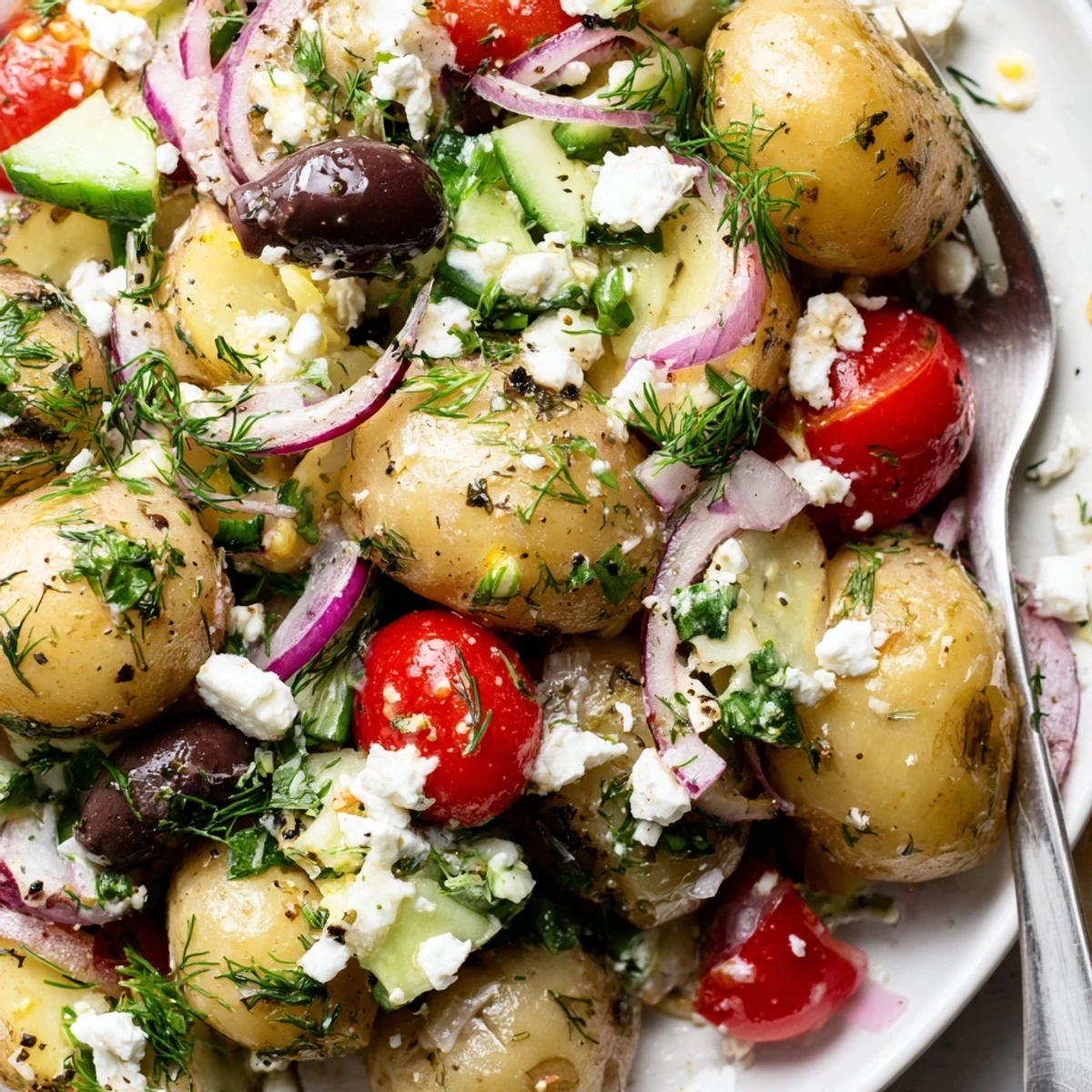 Olive Greek Potato Salad with creamy potatoes, briny Kalamata olives, lemony dressing