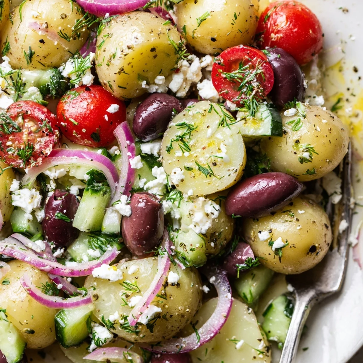 Bowl of Olive Greek Potato Salad topped with crumbled feta and fresh dill