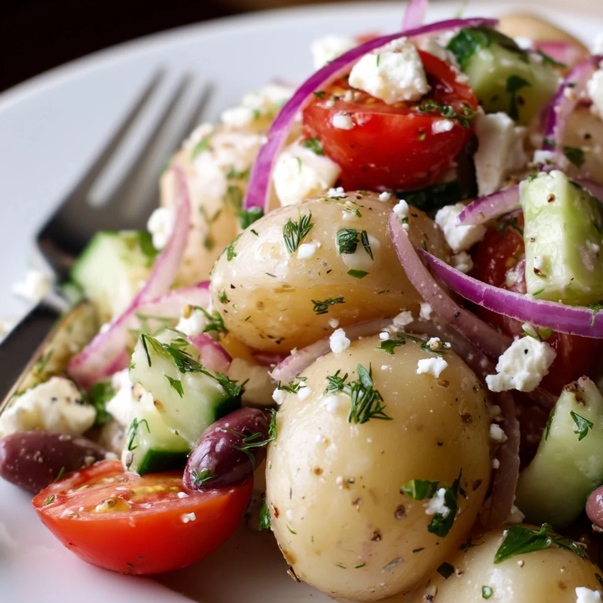 Chilled Olive Greek Potato Salad served at picnics and barbecues with crisp cucumber