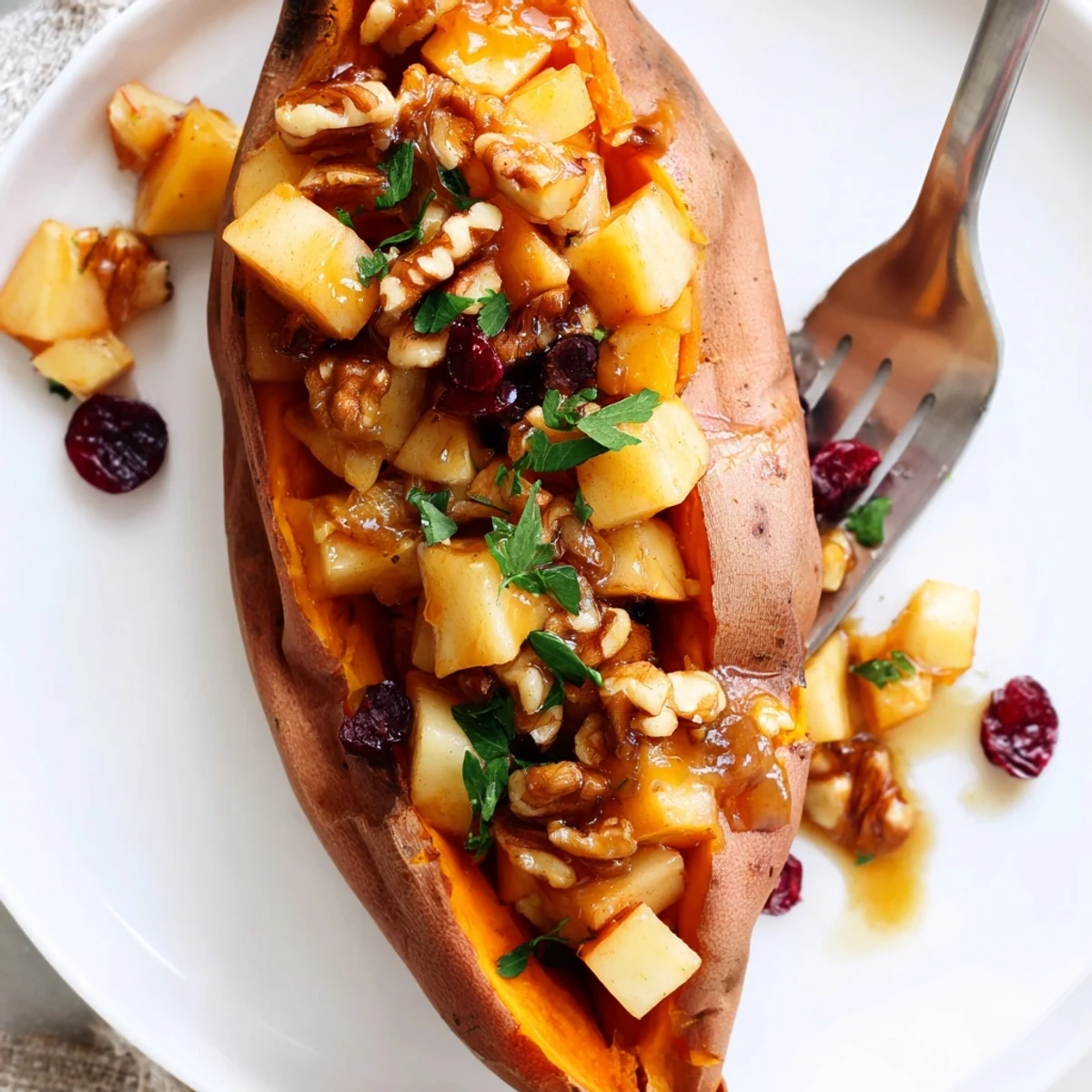 Warm Stuffed Sweet Potatoes With Apples topped with crunchy walnuts and parsley.