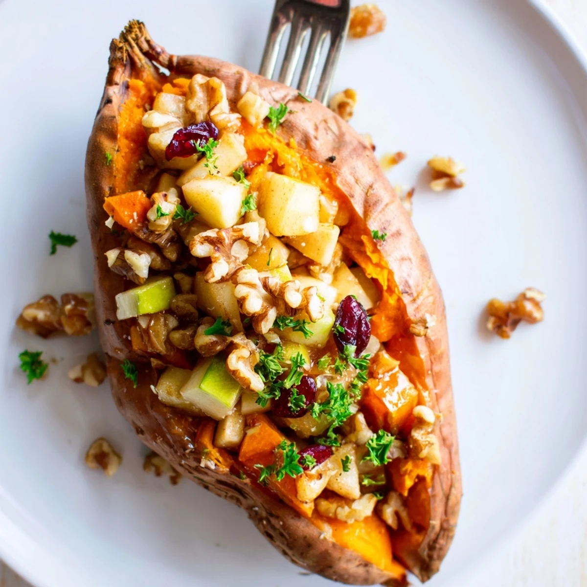 Oven-roasted Stuffed Sweet Potatoes With Apples drizzled with maple syrup, steaming.