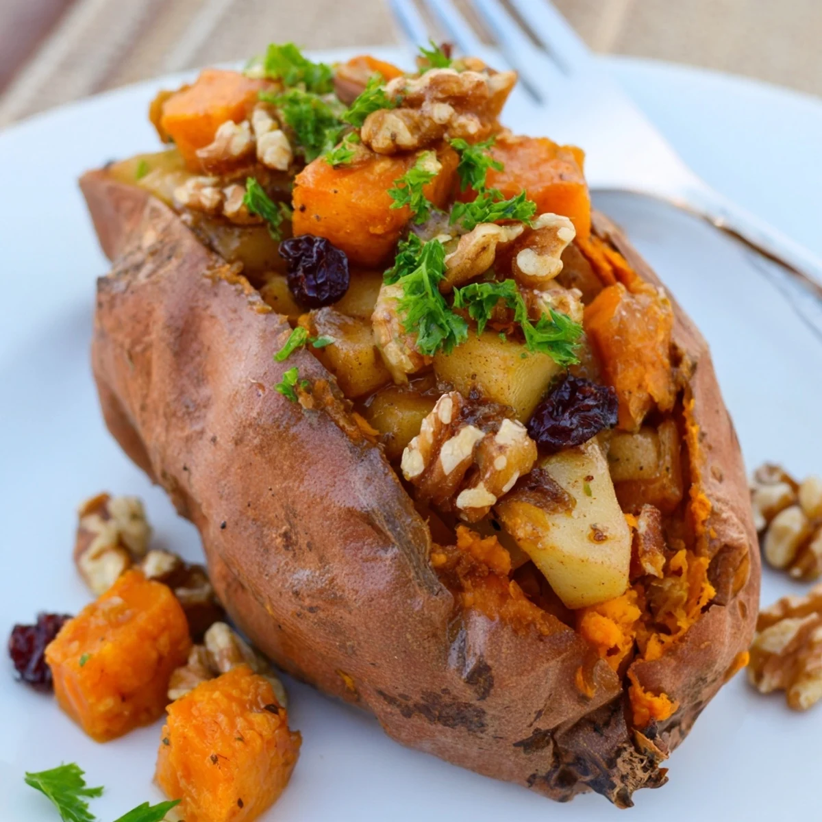 Plated Stuffed Sweet Potatoes With Apples, cinnamon-scented filling and tart apple bites.