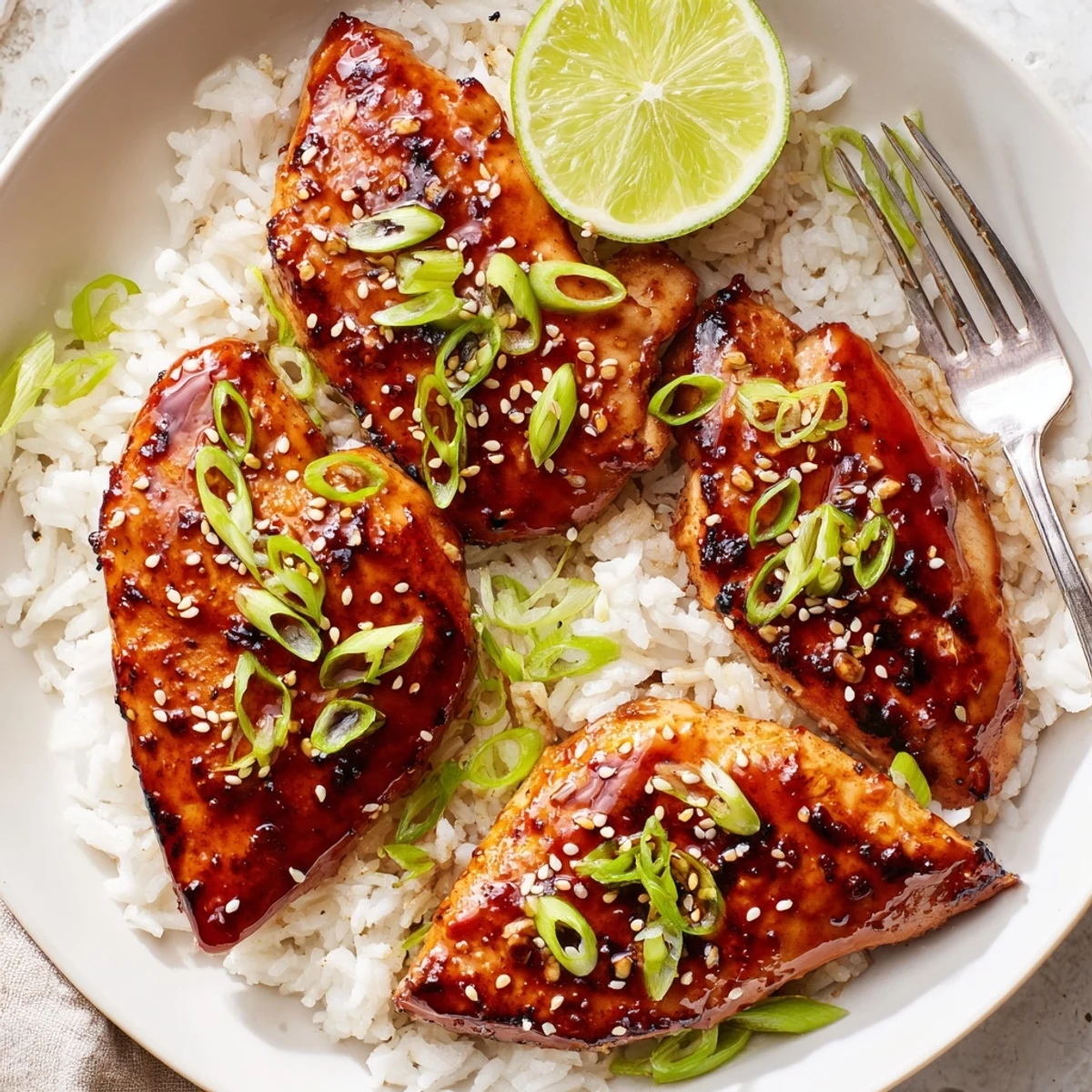 Spicy Maple Chicken And Coconut Rice on plate, juicy glaze, fragrant steamed rice.