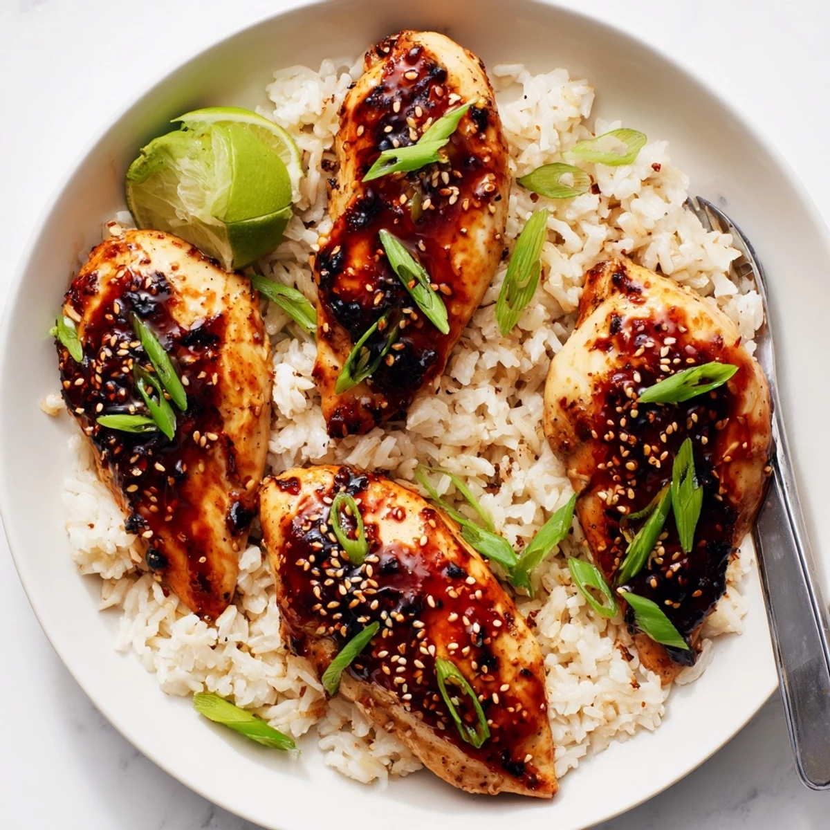 Sticky-sweet glazed chicken with lime served as Spicy Maple Chicken And Coconut Rice.