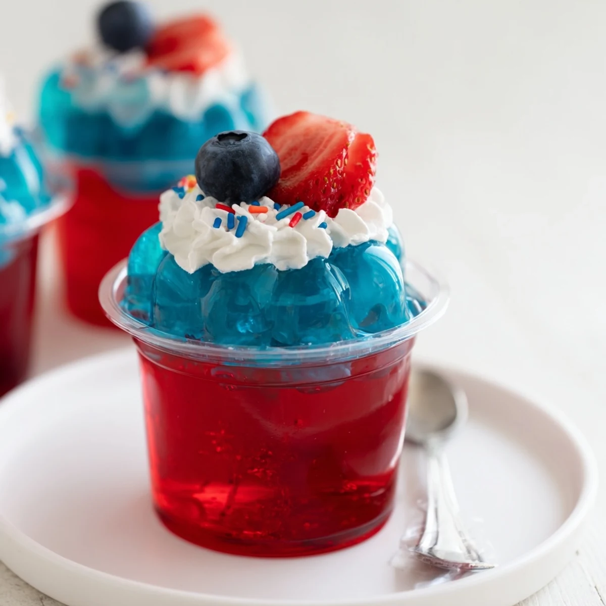 Red White And Blue Jello Cups chilled for summer parties, garnished with fresh berries