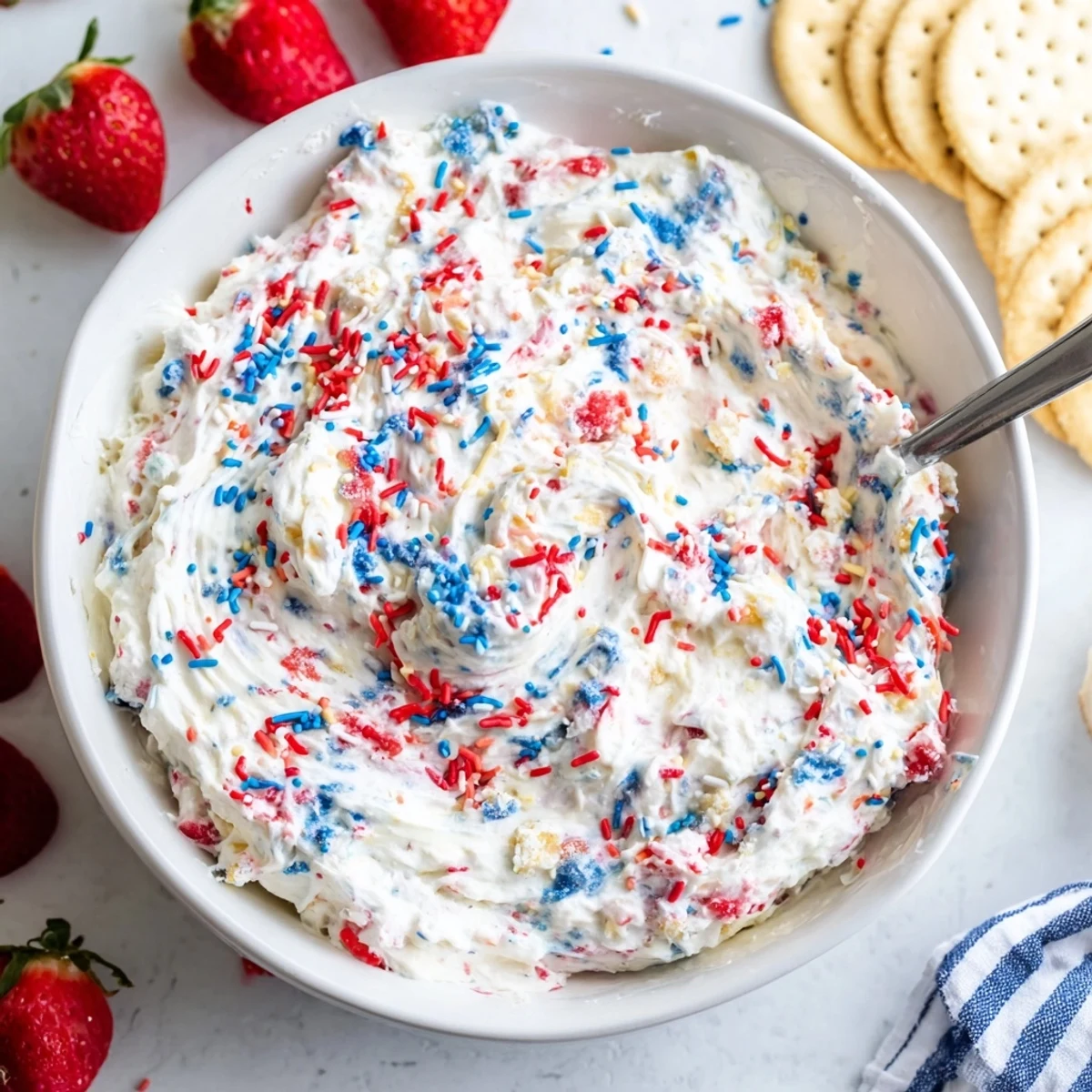 Red White And Blue Funfetti Dip served with vanilla wafers and fresh strawberries
