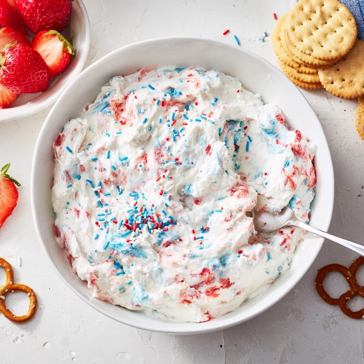 Red White And Blue Funfetti Dip bursting with creamy vanilla and colorful sprinkle crunch