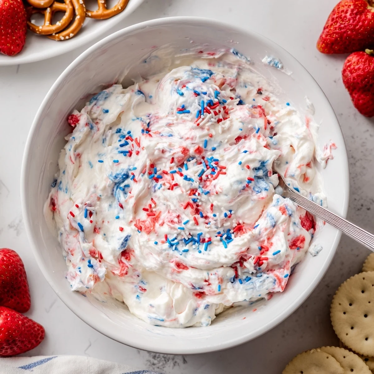 Chilled Red White And Blue Funfetti Dip, fluffy texture dotted with confetti sprinkles