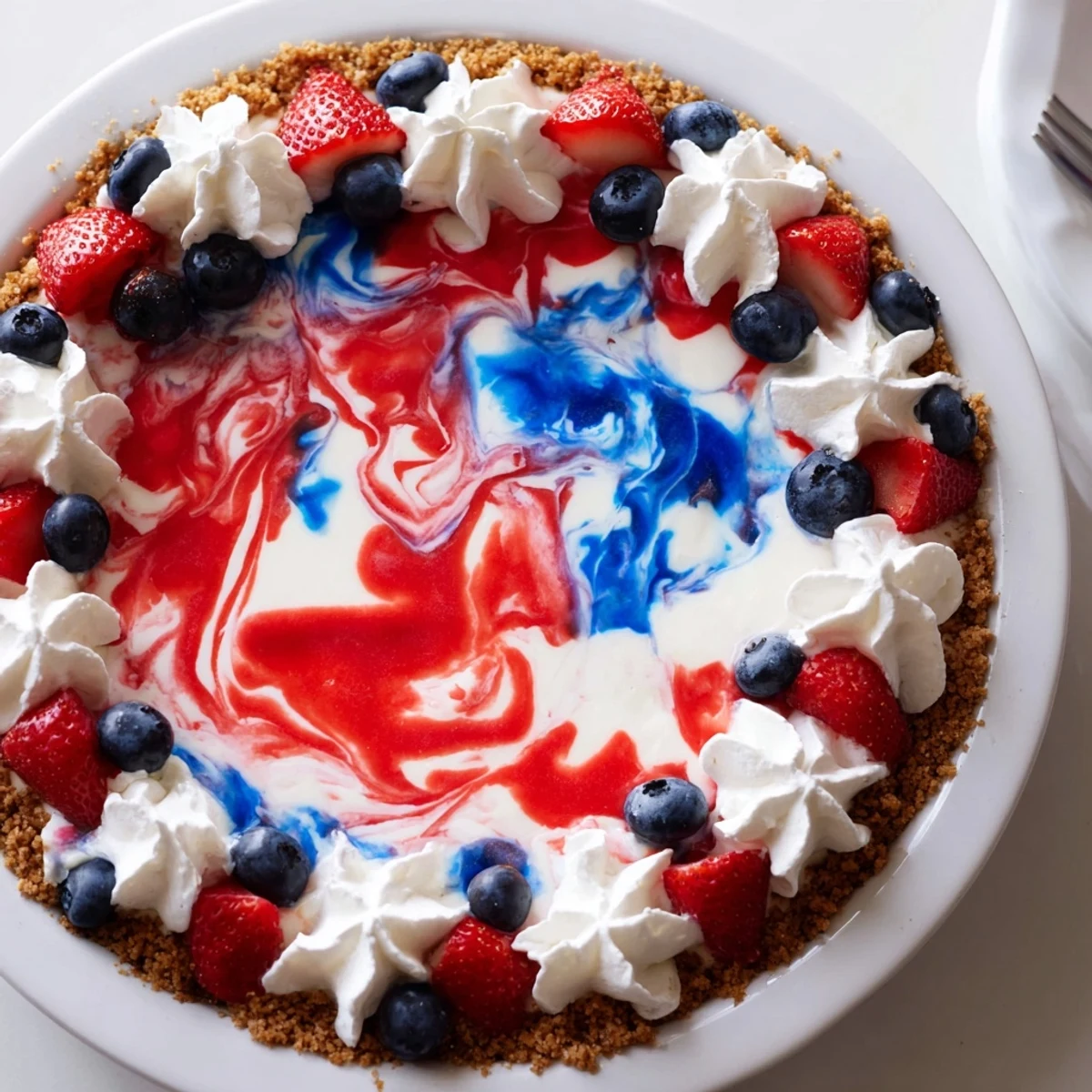 Homemade Patriotic Red White And Blue Swirl Pie with graham crust, silky filling