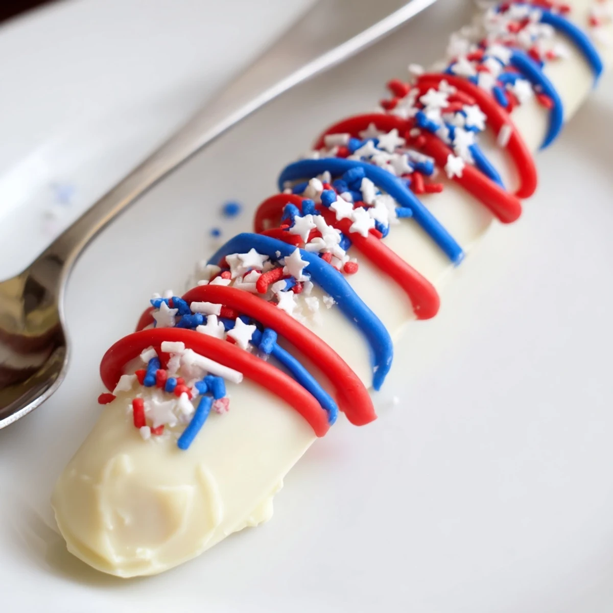 Close-up of Patriotic Pretzel Rods drizzled with colors, ideal Fourth of July snack