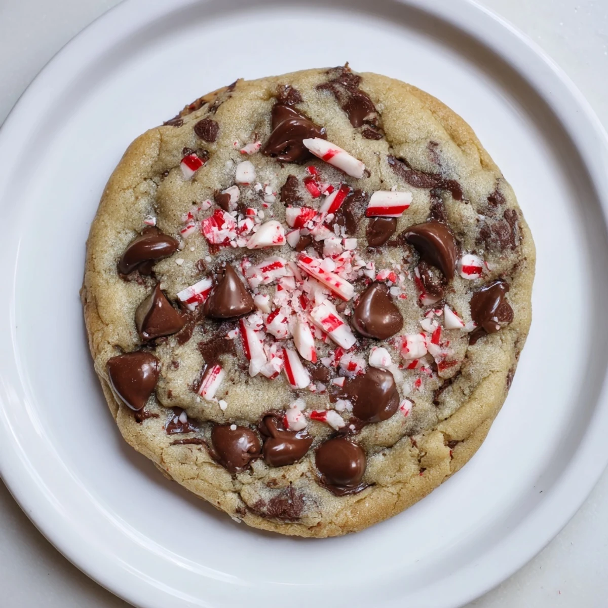 Peppermint Chocolate Chip Cookies cooling on a rack, glossy chips and crushed candy
