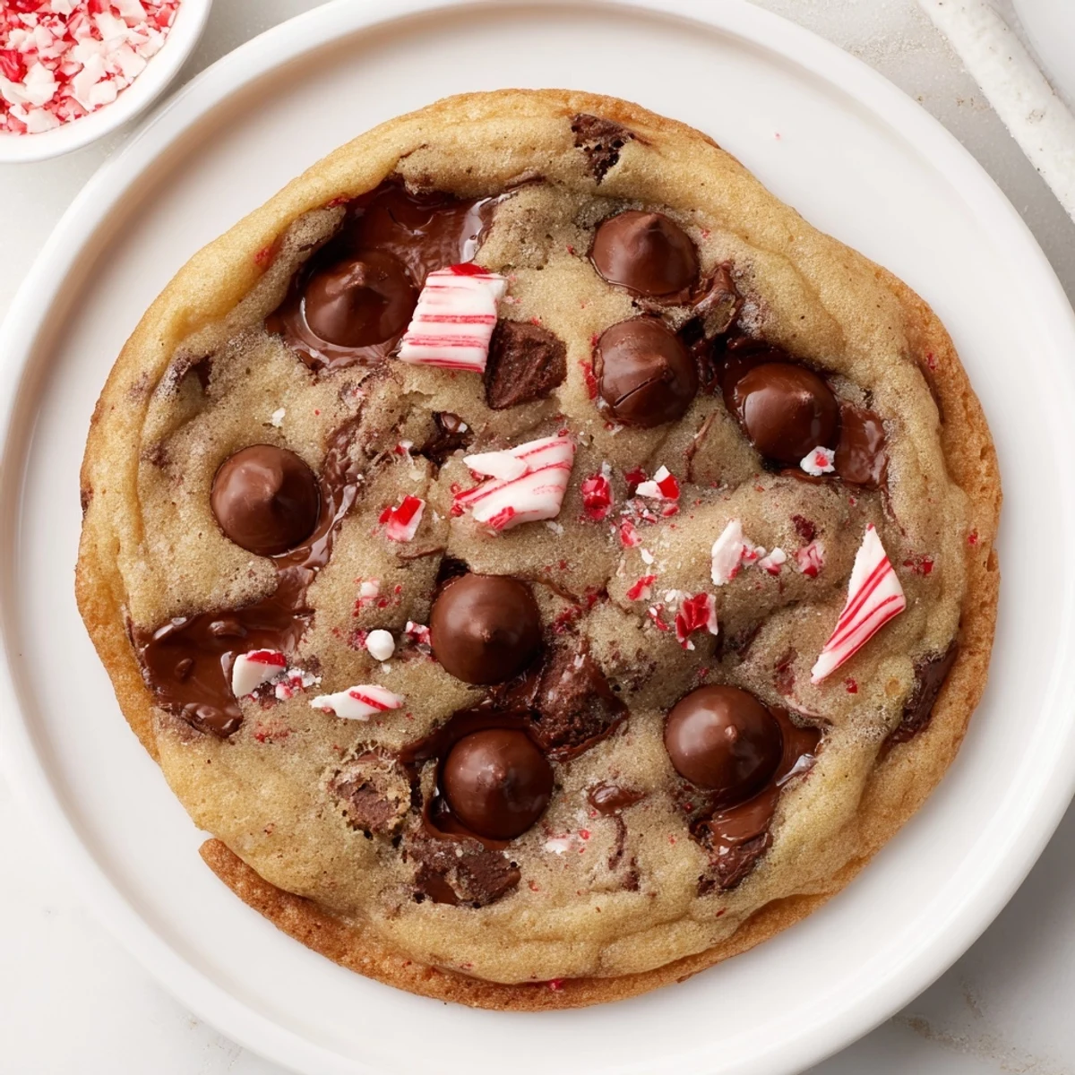 Stack of Peppermint Chocolate Chip Cookies beside a steaming mug of cocoa