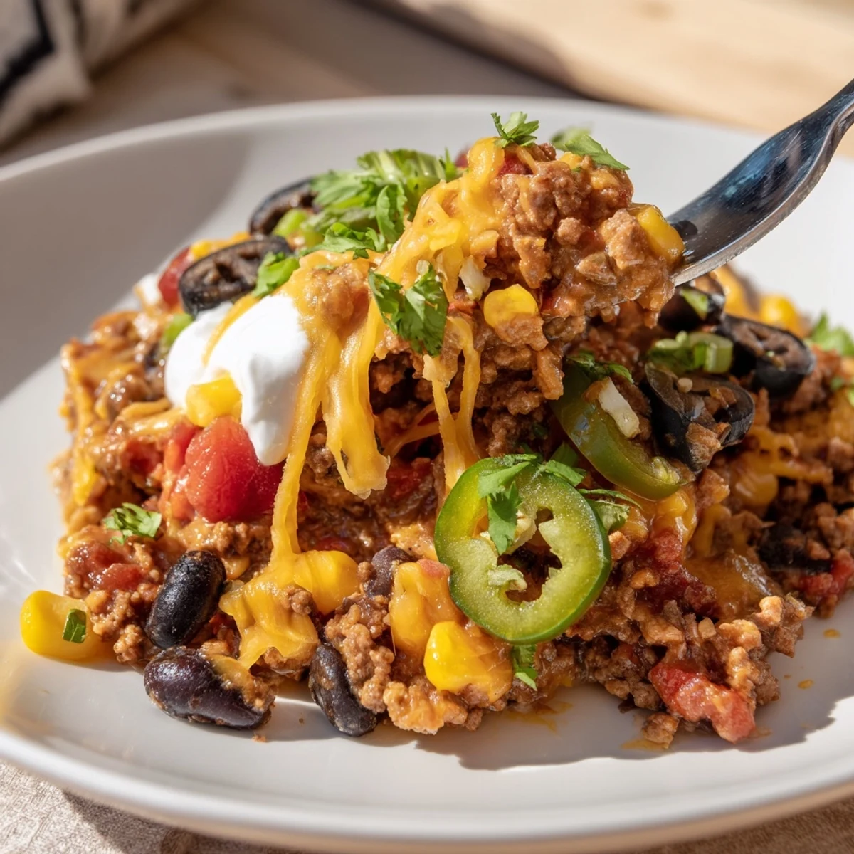 Cheesy Nacho Casserole glowing golden with melted cheddar, crunchy chips peeking