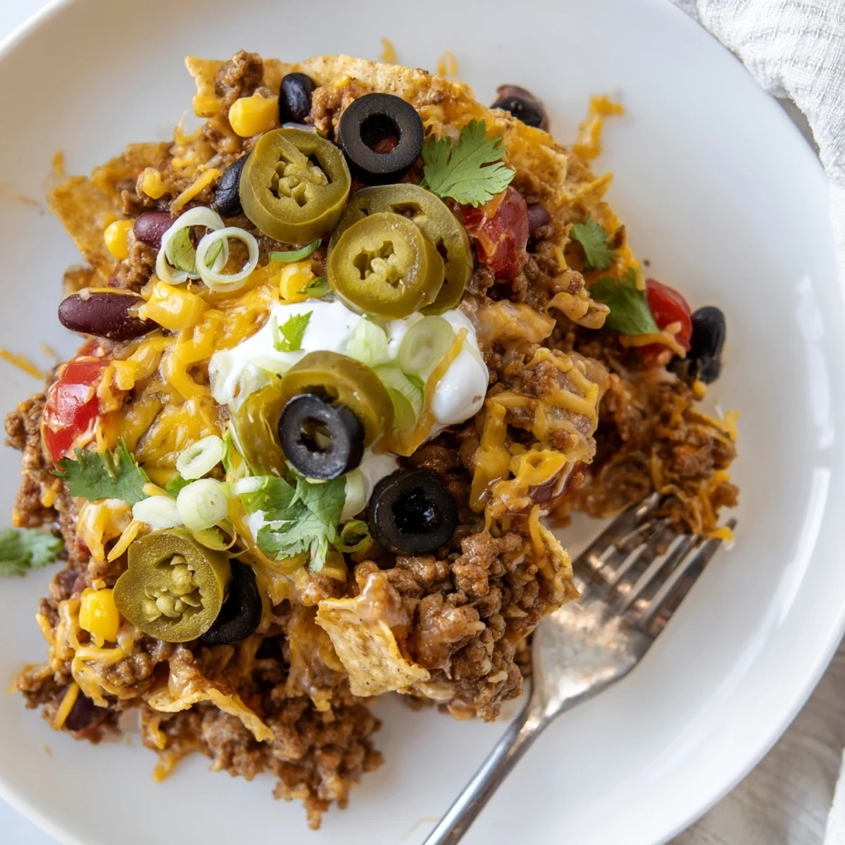Family-style Cheesy Nacho Casserole straight from oven, bubbling cheese and jalapeños