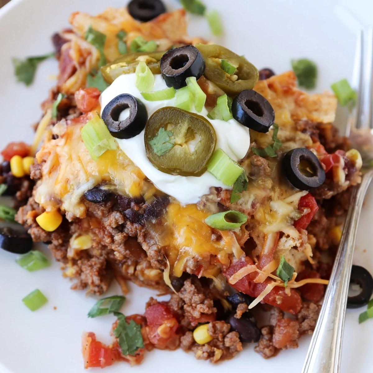 Slice of Cheesy Nacho Casserole on plate, sour cream and cilantro