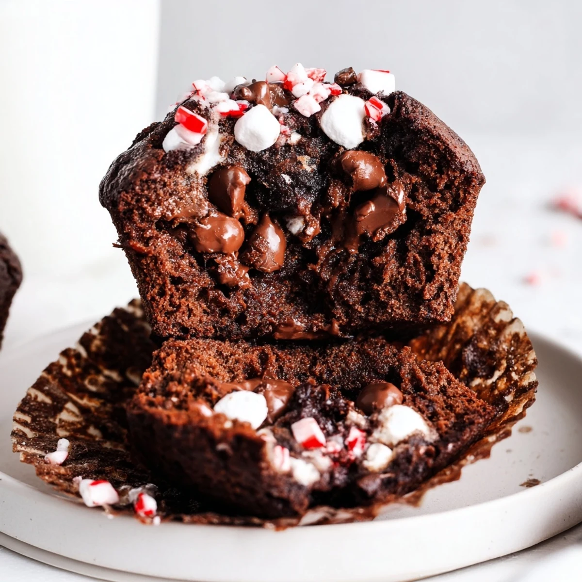 Warm Peppermint Hot Chocolate Muffins topped with crushed candy and gooey marshmallow