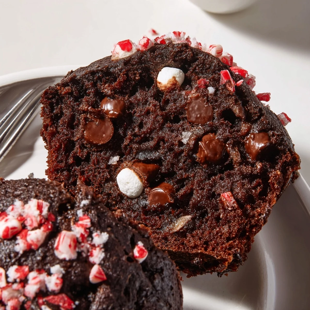 Peppermint Hot Chocolate Muffins steaming on a wire rack, chocolate chips glistening